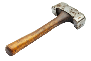 Heavy-duty sledgehammer with metal head and worn wooden handle for construction and demolition isolated on transparent background.