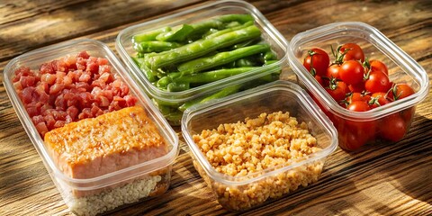 Meal Prep Containers:  Four clear plastic containers filled with healthy meal-prepped ingredients;  diced bacon, green beans, cherry tomatoes, and pasta.  Sunlight illuminates the scene.