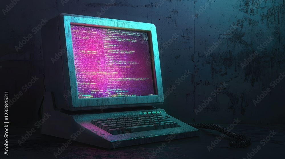 Poster vintage computer displays retro code in neon light