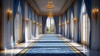 Obraz premium Elegant hallway with blue carpet, gold accents, and large windows.