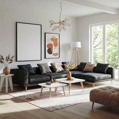 A bright and airy living room bathed in natural light from large,paned windows overlooking a lush garden. The room is anchored by a plush, light colour sectional sofa adorned with soft, neutral pillow