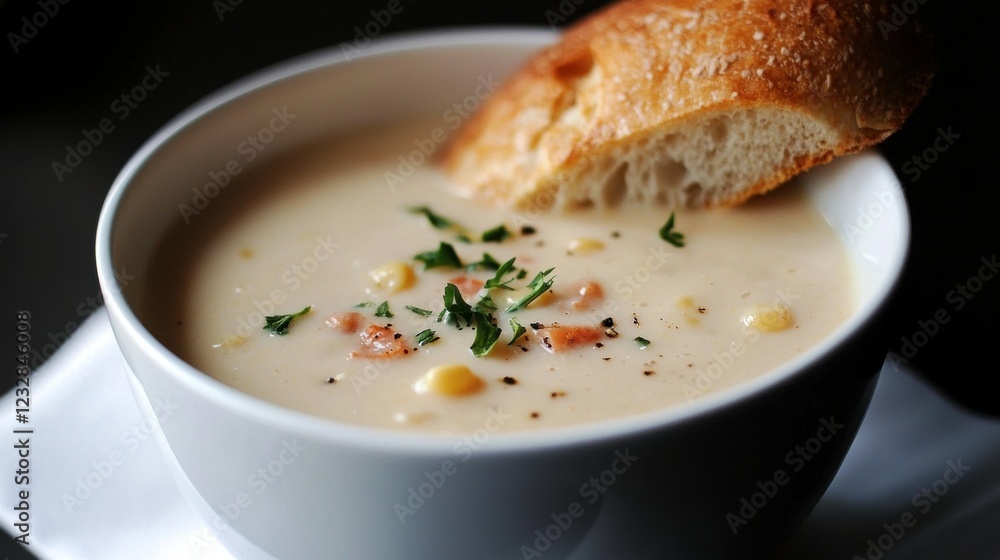 Poster bowl of soup with a slice of bread on the side. the soup appears to be creamy and has chunks of corn
