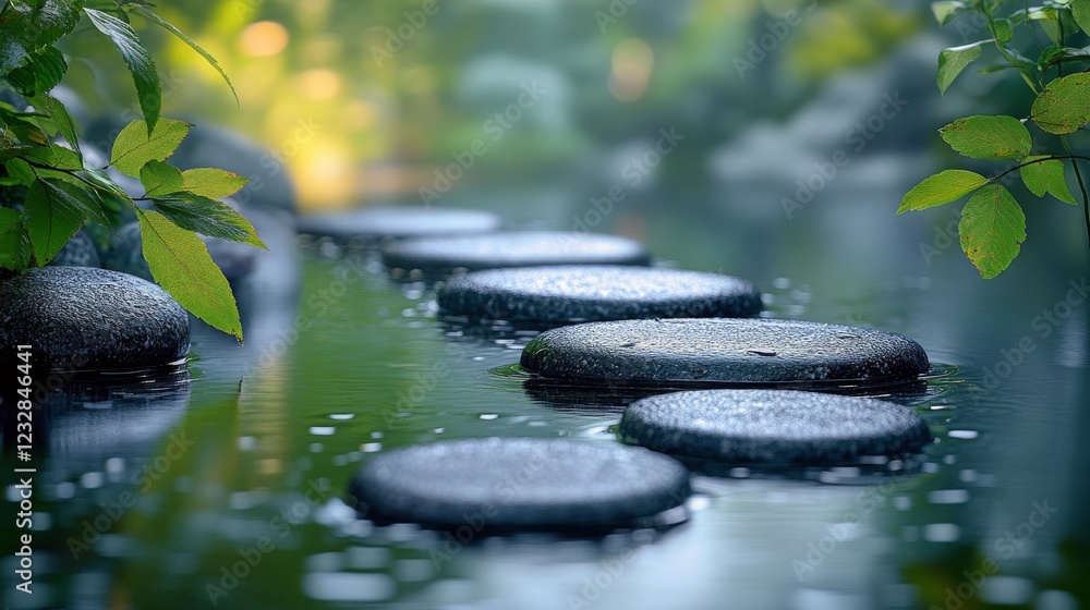 Poster stacked stones creating a peaceful arrangement on a smooth surface with greenery