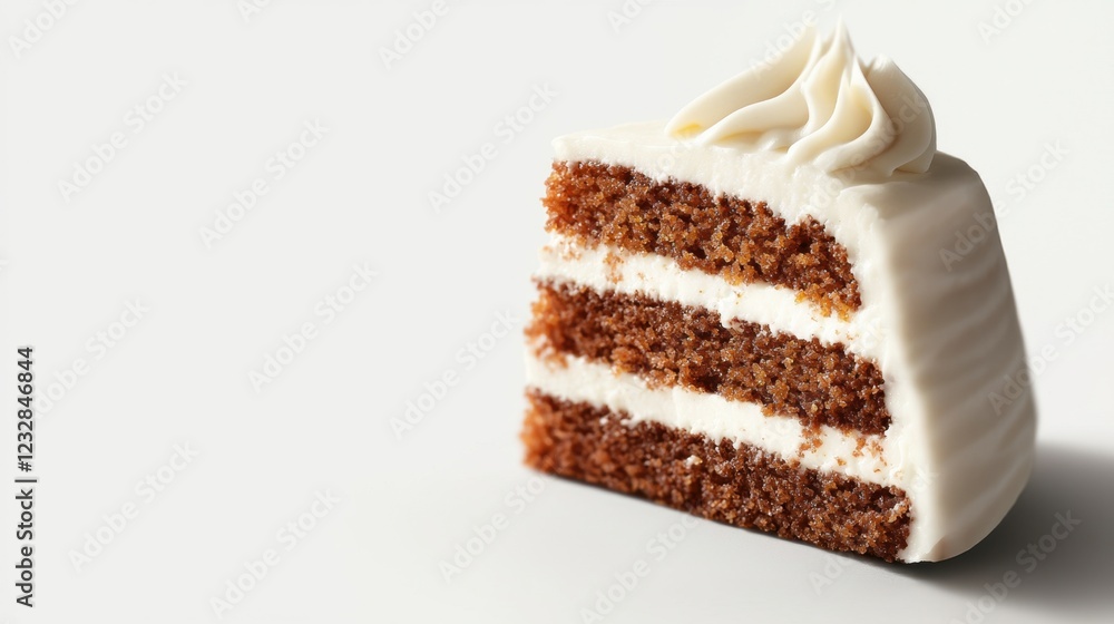 Poster close-up of a slice of cake. the cake appears to be a carrot cake with a layer of white frosting on 