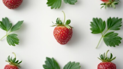 fresh strawberries and leaves on a white background
