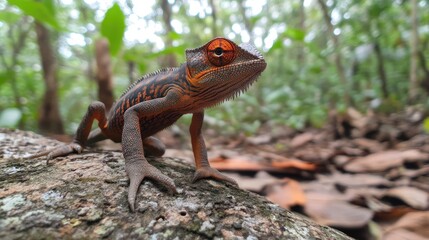 A vibrant chameleon perched on a weathered log