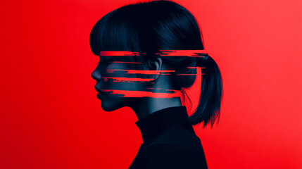 Profile silhouette of a woman against a striking red background with artistic digital effects highlighting features