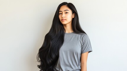 Fototapeta premium Young Woman With Long Black Hair Wearing Grey T Shirt