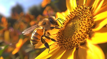 Honeybee collecting nectar on sunflower nature closeup outdoor bright