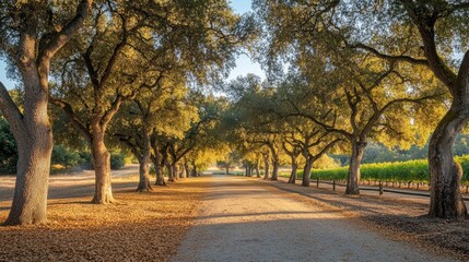 Naklejka premium Golden sunlight illuminates a tree lined path beside a vineyard