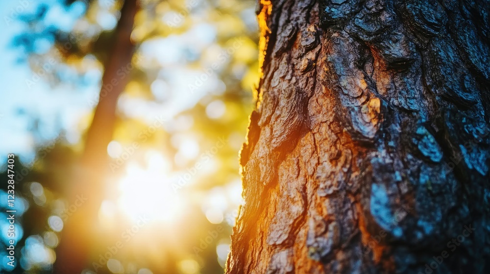 Poster sunlit tree bark in forest setting at sunset