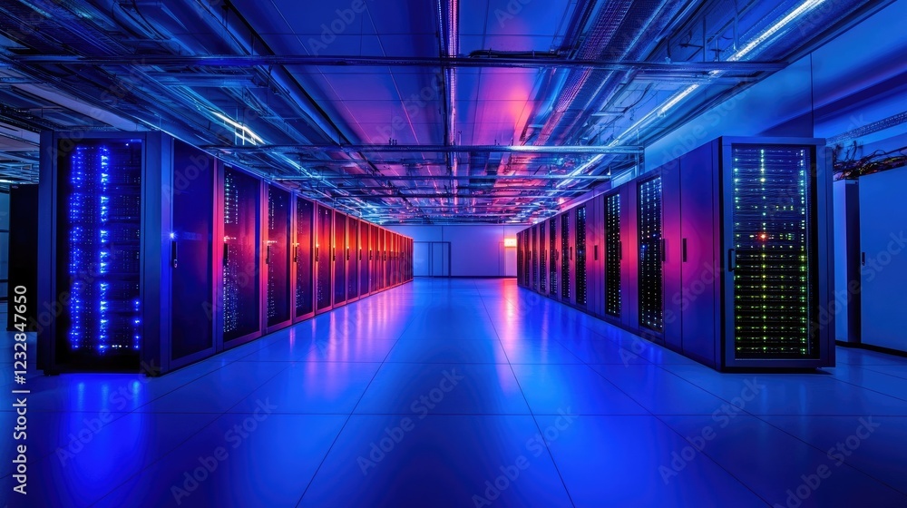 Poster Illuminated Data Center Servers Rows Aligned