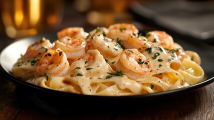 Plate of pasta dish with shrimp and sauce. the pasta appears to be fettuccine alfredo, with a creamy white sauce and chunks of shrimp scattered throughout.