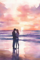 Fototapeta premium A romantic couple embraces on the beach at sunset, their silhouettes reflected in the wet sand, surrounded by soft watercolor hues of pink, purple, and gold
