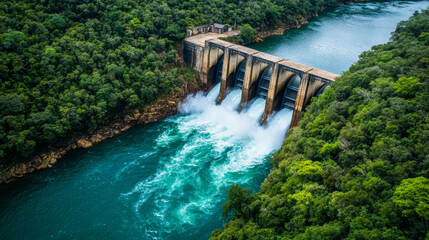 Obraz premium Water flows through a dam surrounded by lush green forest along a serene river during a bright day