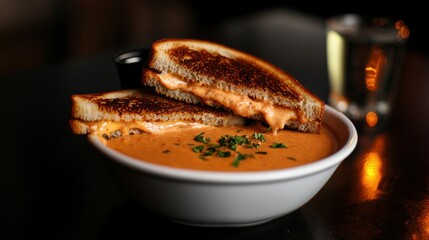 Bowl of tomato soup with a grilled cheese sandwich on top. the soup is a bright orange color and appears to be thick and creamy.