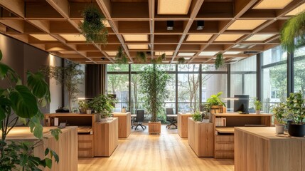 Modern Eco-Friendly Office Interior with Natural Elements and Plants