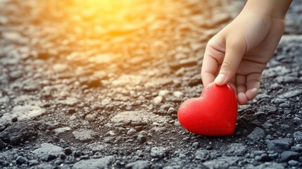 Fototapeta premium A human hand holds a red heart figure, lifting it from the asphalt on the street. Minimalistic composition with space for text.