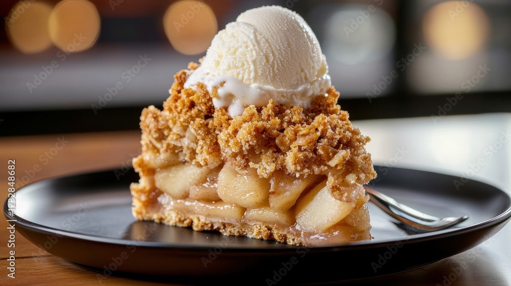 Poster slice of apple pie on a black plate with a scoop of vanilla ice cream on top. the pie has a golden b