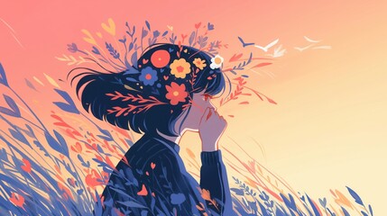 woman with flowers blooming from her hair in a meadow under a pastel sunset reflecting calm vibes copyspace concept of mental health, wellness, therapy