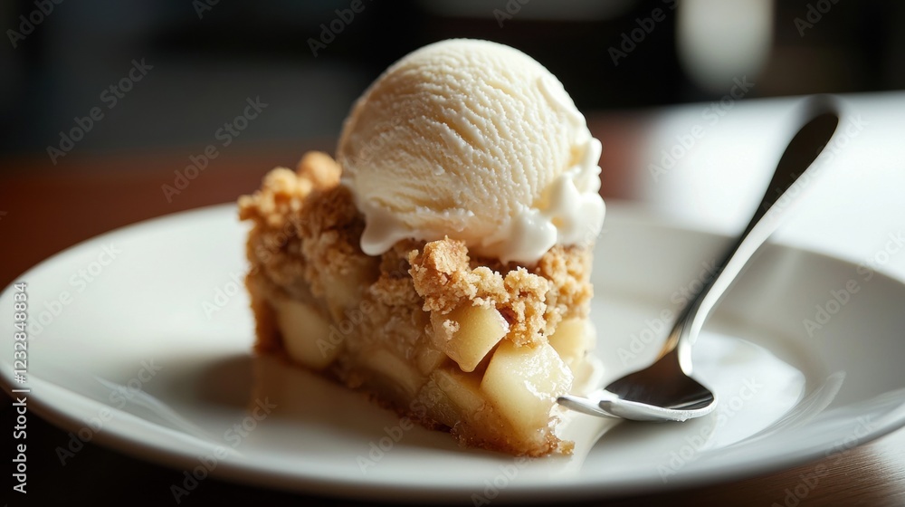 Poster slice of apple pie on a white plate with a scoop of vanilla ice cream on top. the pie has a golden b