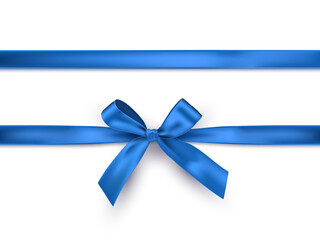 Blue ribbon with bow on white background. Blue gift wrapping decoration element. Present box decoration. Realistic 3d vector illustration.