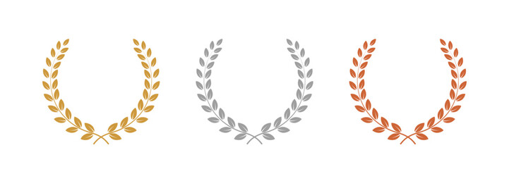 Gold, silver, bronze laurel wreaths. Winner medal award set vector illustration. Victory symbol, triumph emblem, champion prize isolated on transparent background.