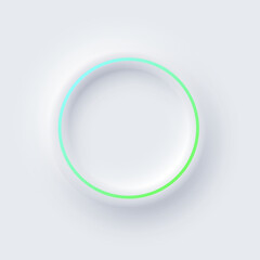 Round color frame with illuminated neon border on white background. Glowing white circle frame with color line. Modern abstract futuristic geometric vector illustration in soft pastel tones.