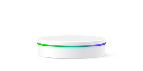 White round podium with glow neon line. Product display stand isolated on white background. Cosmetic showcase pedestal, platform, stage for product presentation. Realistic vector illustration.