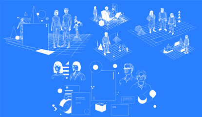 Naklejka premium Retro futuristic elements. Abstract set of silhouettes of people, 3d shapes, wireframe, geometric objects and perspective grids. Blanks for a poster, banner, business card, sticker