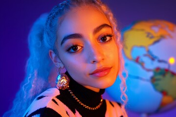 Young woman with stylish hair and globe in vibrant lighting