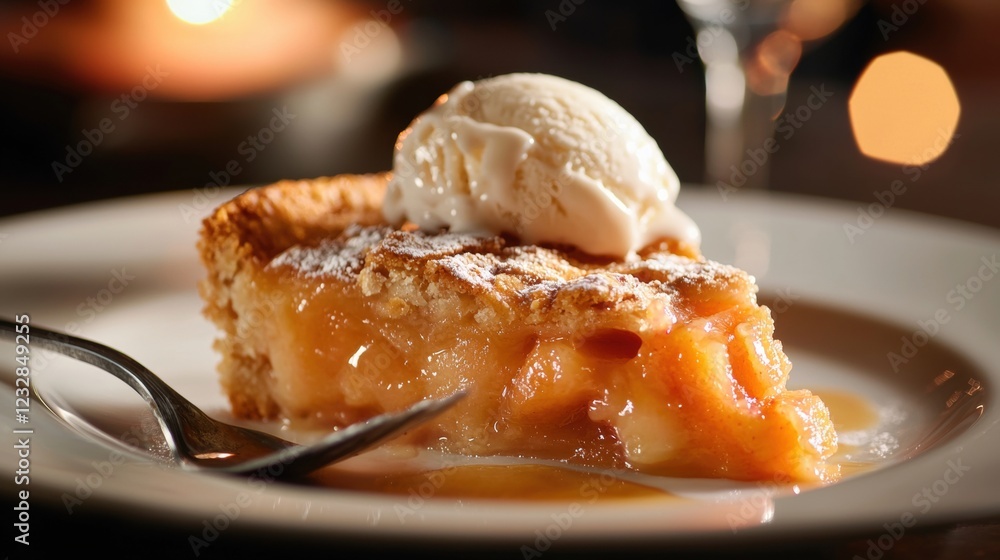 Poster slice of apple pie on a white plate with a scoop of vanilla ice cream on top. the pie has a golden b