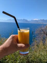 Savoring a Refreshing and Delightful Drink While Enjoying a Mesmerizing Scenic Seaside View