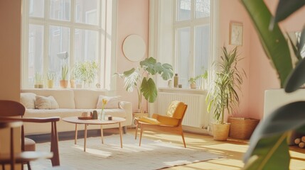 Bright Modern Living Room with Natural Light and Indoor Plants