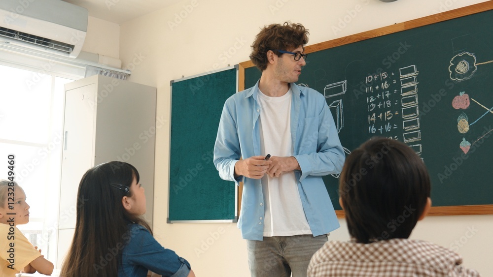Poster professional mentor looking around classroom while standing in front of blackboard with math formula