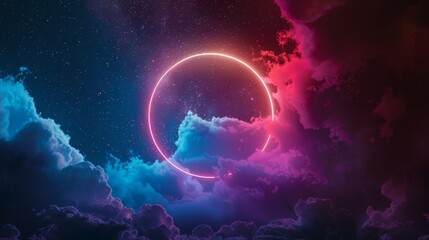 Magical neon background with bokeh lights and particles, explosion and swirl of sparkles, abstract dark background with clouds