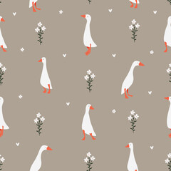 Cute white geese on a gray background - seamless vector pattern