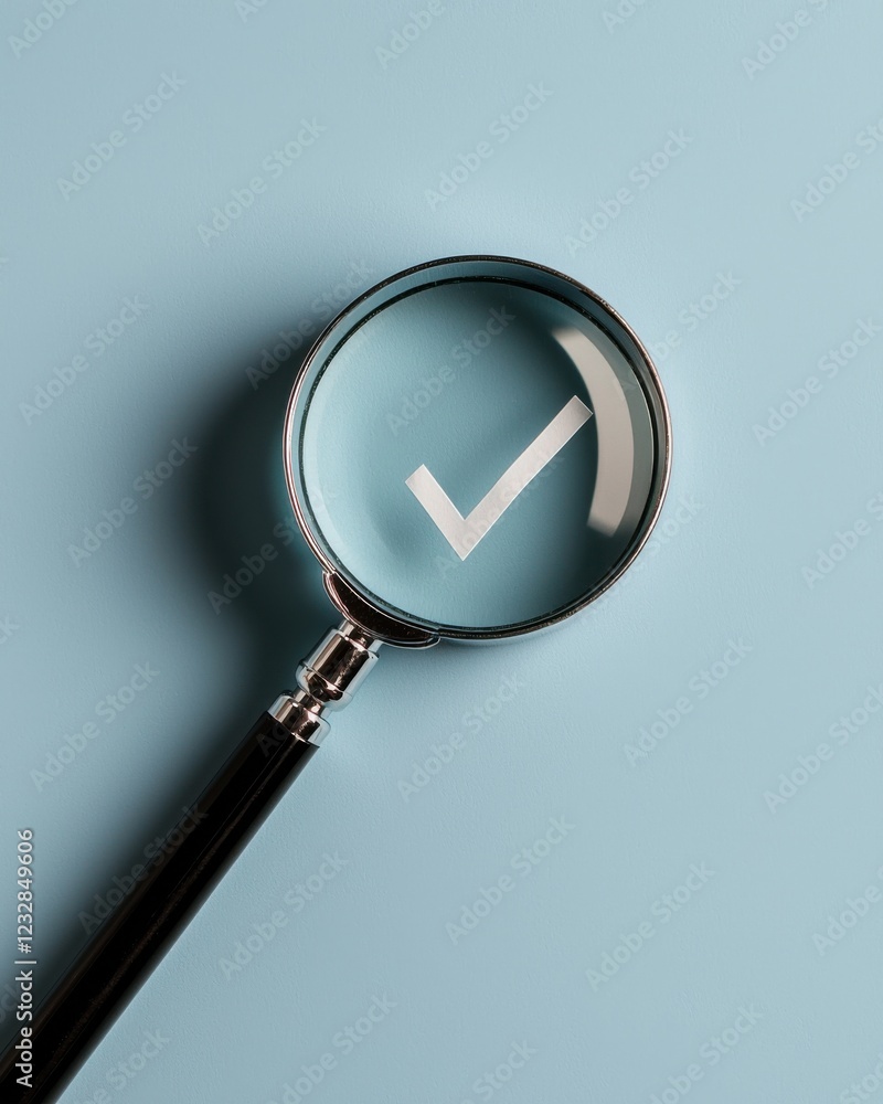 Poster a magnifying glass focuses on a check mark against a soft blue background, symbolizing verification 