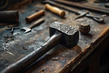 Vintage Hammer and Antique Tools on Wooden Workbench for Rustic Craftsmanship Design