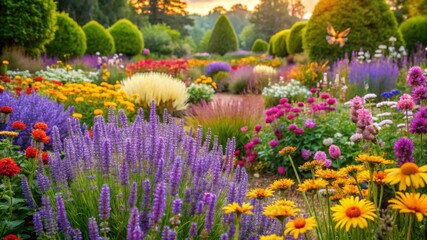 Obraz premium Captivating dance of butterflies and pollinators in a vibrant garden landscape at sunset