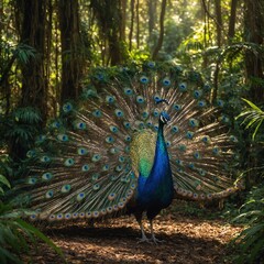 Obraz premium Peacock Walking Through a Rainforest Clearing