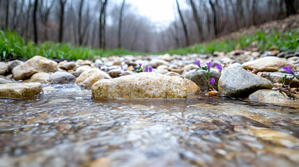 Fototapeta premium Spring stream, purple crocus flowers, forest path, nature background