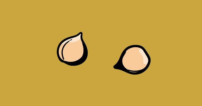 Chickpea two pieces rotating on light brown flat background. Cartoon animated food plant fruit nut fragment orbiting isolated.