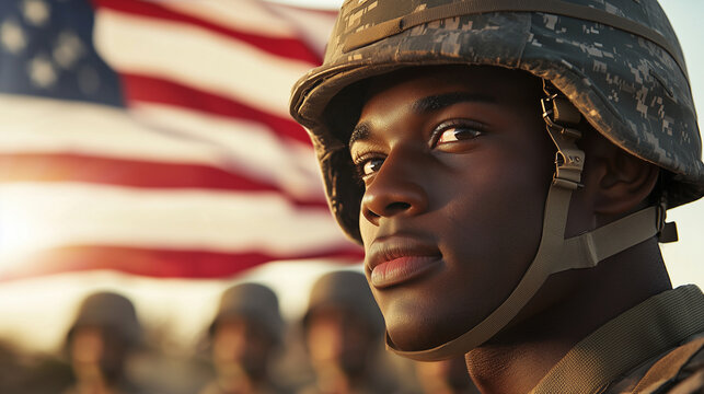 African American Soldier Saluting National Flag at Ceremony - Powered by Adobe