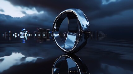 Futuristic ring reflects city skyline at night