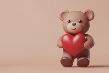 Obraz premium Illustration of a Bear with a Red Heart: Brown Bear with a Smooth, Solid Surface, Holding a Large Red Heart, Against a Light Peach Background. Perfect for Romantic Projects