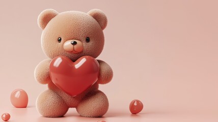 Plush Teddy Bear with Red Heart: Light Brown Plush Teddy Bear Holding a Large Red Heart, Against a Gradient Light Pink Background. Perfect for Romantic and Festive Projects