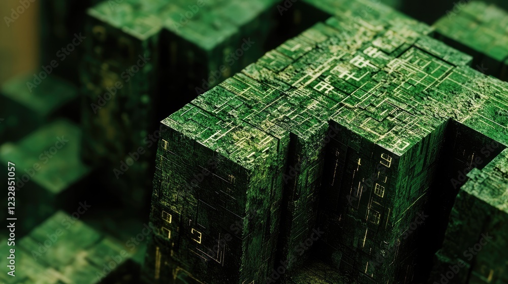 Poster green cubes form intricate futuristic structure