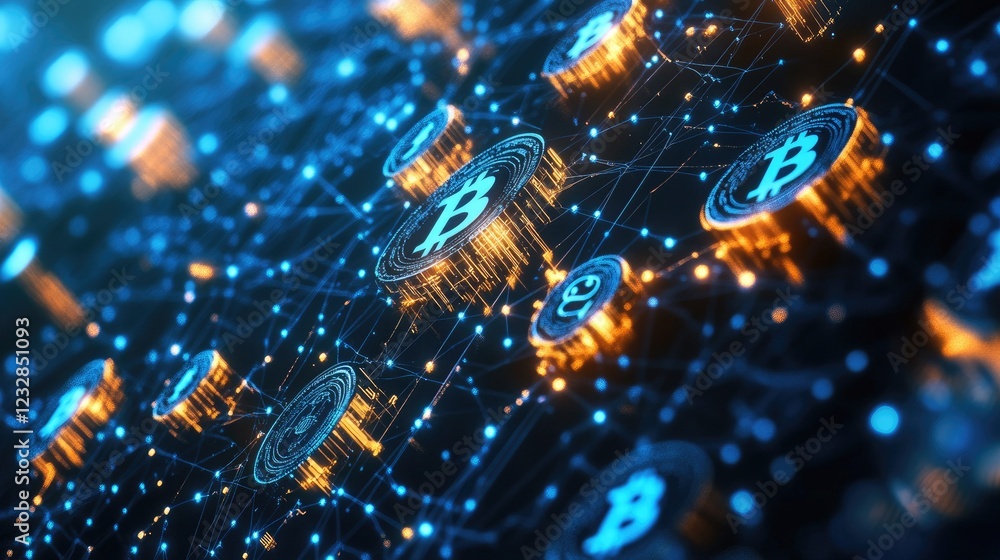 Poster Digital Bitcoin Network Showing Cryptocurrency Connections