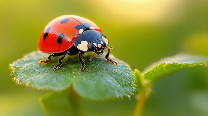 Obraz premium Ladybug on clover leaf, sunrise meadow, nature macro